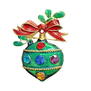 Festive Christmas Ornament Brooch Red Green Enamel Multicolor Rhinestones Pin